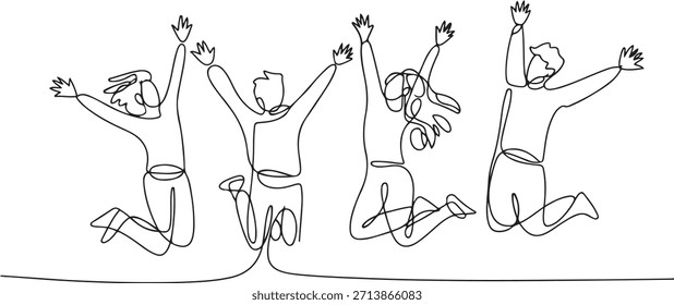 Dibujado a mano continuo Bosquejo de Personas Saltando con alegría. una línea Dibujo de iconos con fondo blanco
