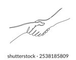 Continuous hand drawn of  two people shaking hands, hands pulling each other isolated on white background, The concept of greeting, encouraging, or helping the other person, vector illustration design