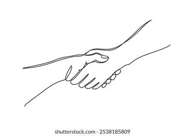 Continuous hand drawn of  two people shaking hands, hands pulling each other isolated on white background, The concept of greeting, encouraging, or helping the other person, vector illustration design