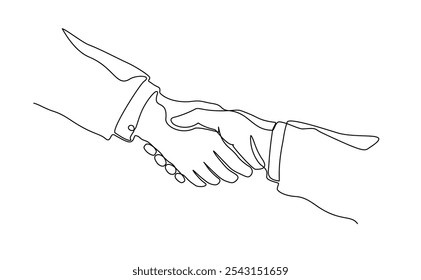 Mão contínua desenhada de duas pessoas apertando as mãos isoladas no fundo branco, ilustração de vetor de aperto de mão de negócios de duas mãos tremendo, empresário apertando as mãos  