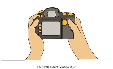 Continuous Hand holding from back camera take a picture flat color. Concept for photograph, Bussiness vector illustration	