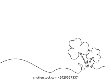 Continuous hand-drawing line with clover outline. Happy St. Patrick's Day banner. Black line isolated on transparent background. Vector illustration.