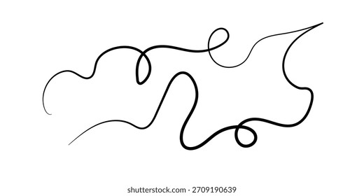 Una línea negra continua dibujada a mano serpentea y bucle sobre un fondo blanco, creando un diseño abstracto y minimalista.