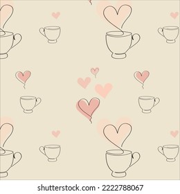 Continuous heart line coffee cup on linen color background for decorative. Pink white seamless wave pattern hand drawing vector background curly paint. Colorful abstract wave pattern on Cover  texture