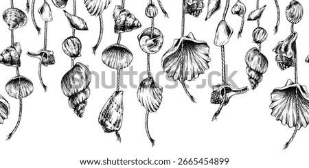 Continuous horizontal border of marine garlands with assorted shells and beads, hand drawn line art illustration in black ink, perfect for nautical fabric trims, wallpapers and packaging.