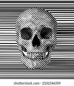 Continuous horizontal line halftone skull from 3D rendering. Black and white vector illustration.