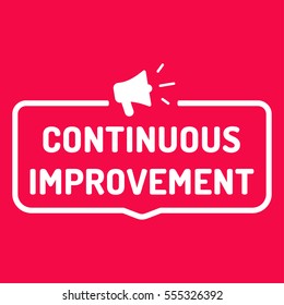 Continuous improvement. Badge with megaphone icon. Flat vector illustration on red background.