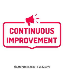 Continuous improvement. Badge with megaphone icon. Flat vector illustration on white background.