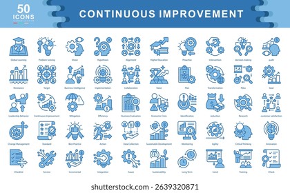 The Continuous Improvement blue icon set illustrates key elements of innovation, transformation, and process optimization ideal for strategy design, quality management, and sustainable growth.