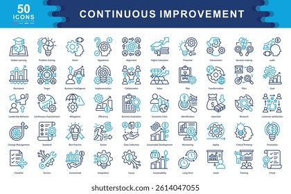 The Continuous Improvement color icon set illustrates key elements of innovation, transformation, and process optimization ideal for strategy design, quality management, and sustainable growth.