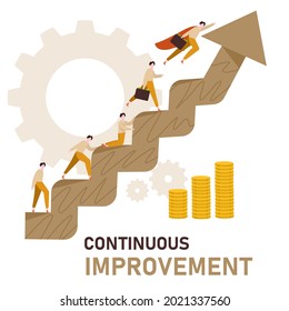 continuous improvement concept man climb ladder and flying with cartoon flat style