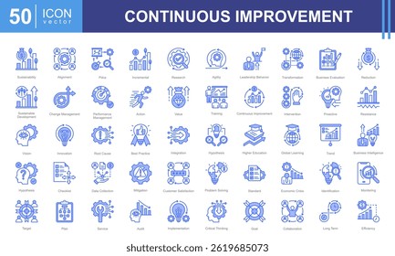 Conjunto de coleta de ícones de Melhoramento Contínuo. Contendo negócios, avaliação, inovação, hipótese, gerenciamento, otimização, ícone de desempenho. Ilustração de vetor simples.
