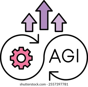 Continuous Improvement Icon – Gear and Arrows Surrounding AGI Text, Symbolizing Progress and Development in Artificial Intelligence. Vector illustration.