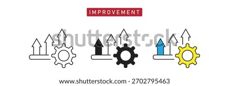 Continuous Improvement Icon. Gear with Upward Trend Arrows, Growth and Progress Symbol.
