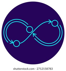 Continuous Improvement Icon. Minimalistic neon outline on a dark blue round background. A stylish vector illustration of an infinity loop with arrows, symbolizing endless process flow, self-learning