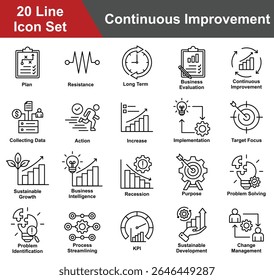 Continuous Improvement Icon Set Collection. Containing Plan, Resistance, Long Term, Business Evaluation, Collecting Data, Action, Increase, Implementation, Target. Simple Line Vector Illustration.