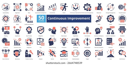 Conjunto de iconos de mejora continua que contiene 50 iconos que incluyen, sostenibilidad, alineación, pdca, desarrollo sostenible, incremental, acción, mejora continua, Vectores simples.