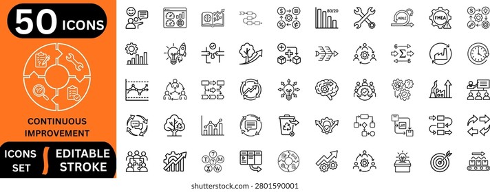 Continuous improvement line editable icon set. Containing lean manufacturing, agile project management, business optimization, kaizen strategy, pareto chart, and more. Editable stroke. Vector illustration