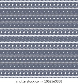 Continuous or interrupted stripes and rows with small geometric shapes, arranged in a horizontal alternation. Geometric primitive ornament in blue and white. Vector illustration.