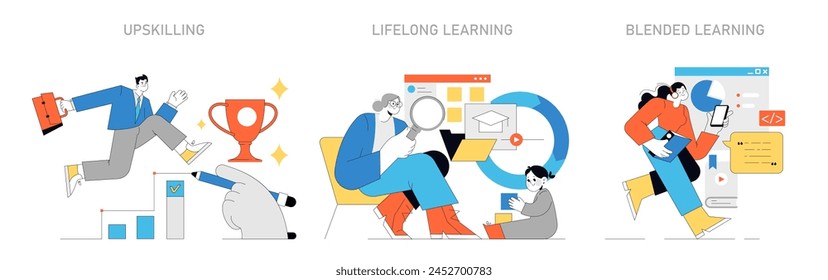 Continuous Learning concept. Career progression through upskilling, embracing lifelong learning, and combining traditional and digital methods. Vector illustration.