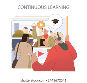 Continuous Learning concept. Diverse individuals engage with educational content on public transit. Lifelong education through digital media.