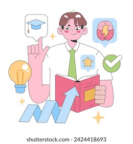 Continuous learning concept. Enthusiastic young man pointing at graduation cap, brain symbol, and light bulb, showcasing academic achievements and cognitive growth. Flat vector illustration