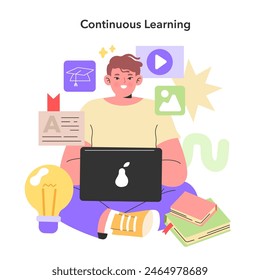 Continuous Learning concept. A focused individual studies online, surrounded by digital education icons, symbolizing the pursuit of knowledge in the digital era. Vector illustration