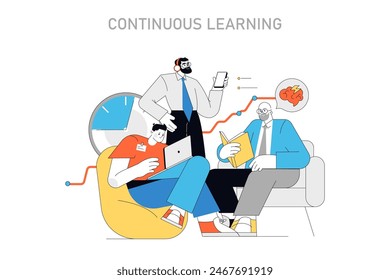 Continuous Learning concept. Lifelong education with digital tools, cultivating a growth mindset. Nurturing intellectual curiosity. Vector illustration