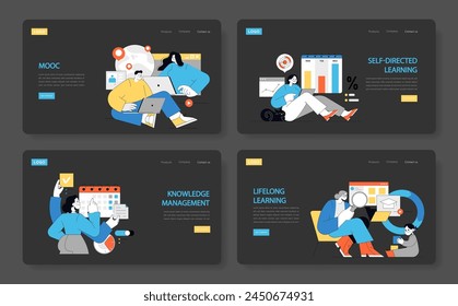 Continuous Learning set. Harnessing MOOCs, self-direction, and knowledge management for lifelong learning. Empowerment through education. Vector illustration.