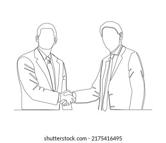 Continuous Line Of 2 Businessmen Doing Hand Shake Each Other. To Deal A Business Agreement Complete Vector.  