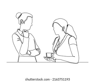 línea continua de dos chicas de oficina hablando entre ellas, la que sostiene una taza de café y la otra que escucha cuidadosamente vector.