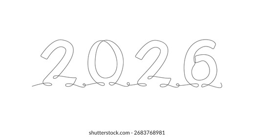 Kontinuierliche Linie 2026 Zeichenstil. Zeilenkunst der Neujahrsnummer oder Weihnachtsdatumsdesign, einzeilige Vektorgrafik