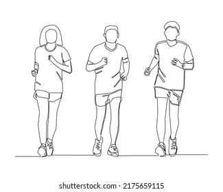 Continuous line of 3 runners run together. Group of runner running in competition concept vector.