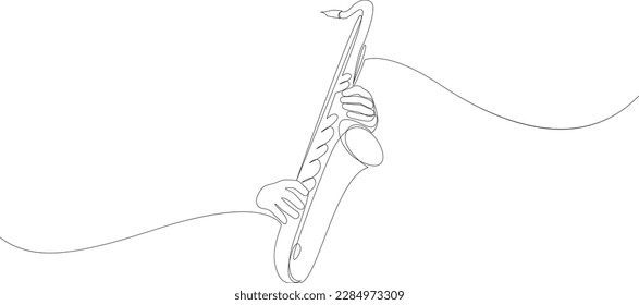 Dibujo abstracto de línea continua de las manos tocando jazz de instrumentos de trompeta. Ilustración vectorial de estilo minimalista.