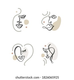Continuous line, abstract drawing of set faces and hairstyle, fashion concept, woman beauty minimalist, vector illustration for t-shirt, slogan design print graphics style.