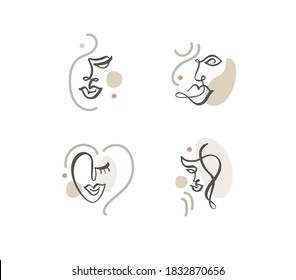 Continuous line, abstract drawing of set faces and hairstyle, fashion concept, woman beauty minimalist, vector illustration for t-shirt, slogan design print graphics style.