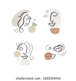 Continuous line, abstract drawing of set faces and hairstyle, fashion concept, woman beauty minimalist, vector illustration for t-shirt, slogan design print graphics style.