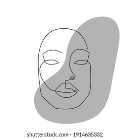 Continuous line abstract face. Contemporary unisexual portrait. Hand drawn line art of woman with liquid colored shape element. Beauty fashion minimalist concept. Vector illustration.