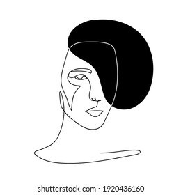 Continuous line abstract face. Contemporary minimalist portrait. Hand drawn line art with liquid colored shape element. Beauty fashion minimalist concept. Vector illustration.