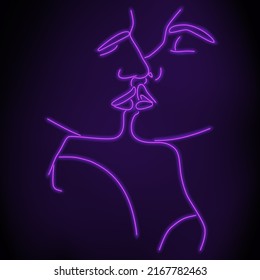A continuous line of an abstract face with a neon effect. Modern minimalist neon portrait. Portrait on a black background.