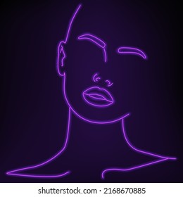 Eine durchgehende Linie abstrakter Gesichter mit Neoneffekt. Modernes minimalistisches Neonporträt. Portrait auf schwarzem Hintergrund.