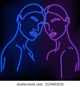 A continuous line of an abstract face with a neon effect. Modern minimalist neon portrait. Portrait on a black background.