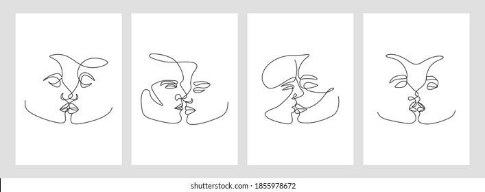 Continuous line abstract love couple. Linear drawing, man woman silhouettes for wall art decor. Romantic set of one line posters in minimal trendy style with kissing couple, vector illustration