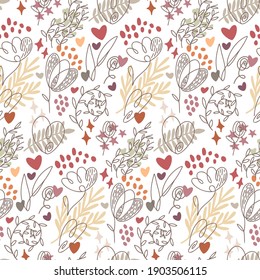 Kontinuierliche Linie, Abstrakt in einem Linie Kunststil mit Herz, Blumen und Blättern. Fashion Konzept Beauty minimalistisch, Vektornahtloses Muster eleganter Stil für Drucke, Poster, Textilien, Karten, Umhüllungen 