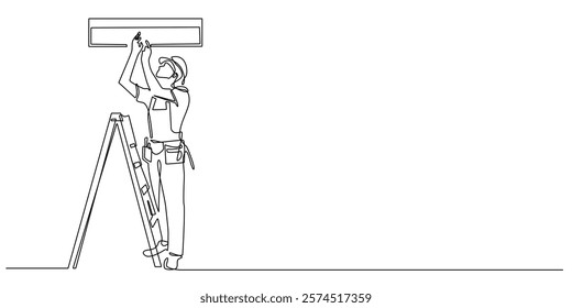 continuous line of AC repairman.one line drawing of man working repairing AC by climbing ladder.single line vector illustration.isolated white background