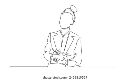 continuous line of administrative worker woman.one line drawing of office worker woman writing.single line vector illustration