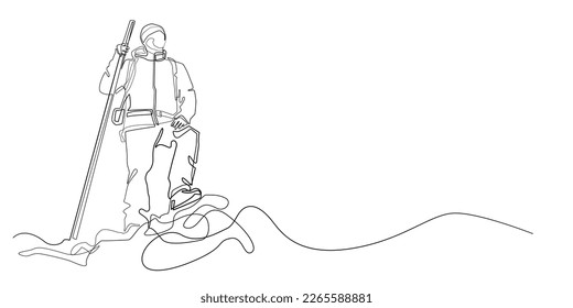 continuous line adventure. man traversing outdoor nature. one line drawing of travel hobby in nature