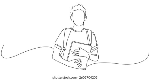 continuous line of african american students.vector one line of black african american students holding books and carrying backpacks.single line vector illustration.isolated on white background