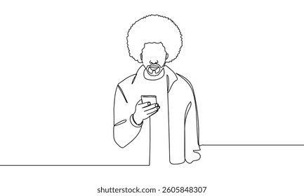 Continuous line. Afro hairstyle man using smartphone. vector illustration with transparent background.