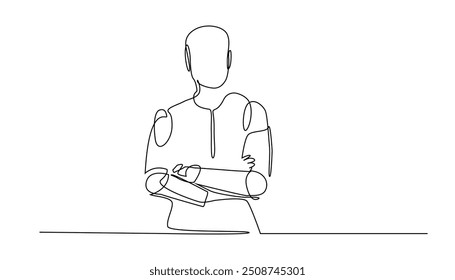 continuous line of AI robot folding hands.one line drawing of technology AI robot standing folding hands.interacting with AI.single line vector illustration.editable stroke